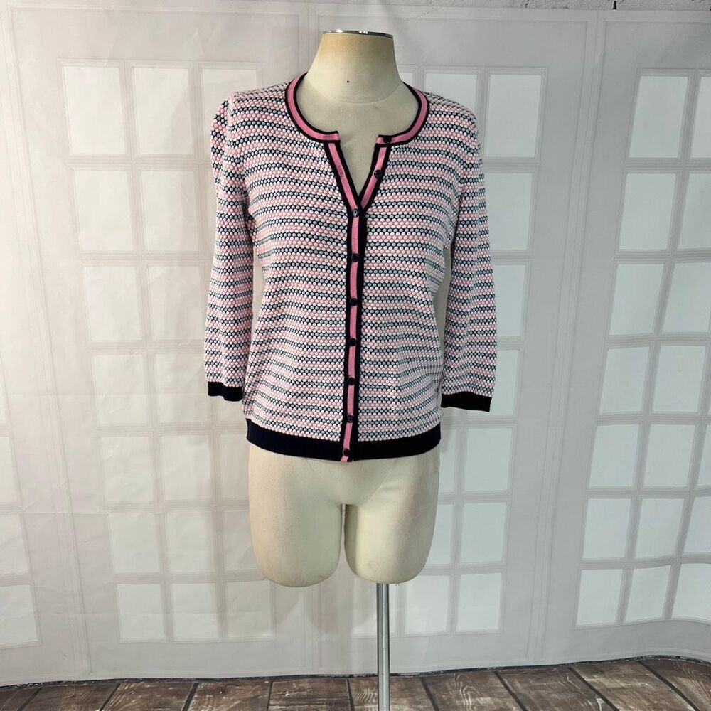 Talbots Pink Navy Textured Dotted Stripe Button Front Cardigan Sweater Medium